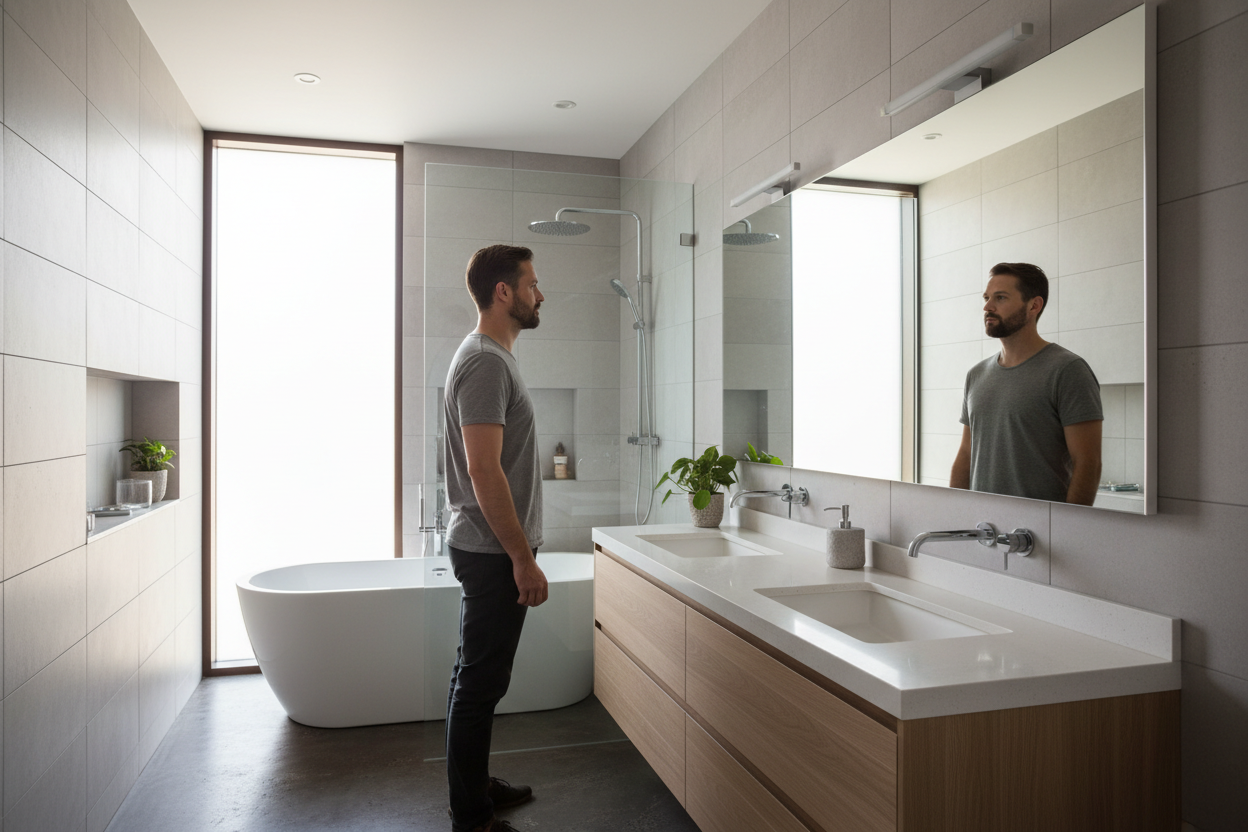 ein mann mit einem ziegenbart im badezimmer