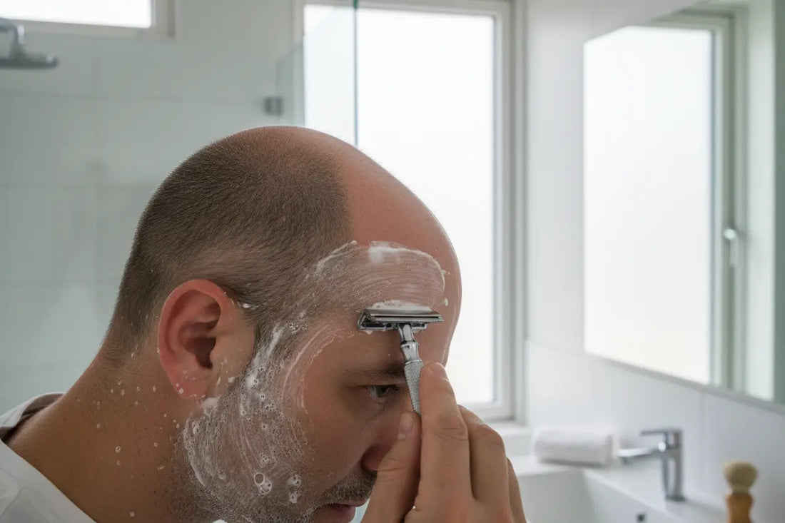 Ein Mann rasiert sich seine Glatze mit einem rasierhobel