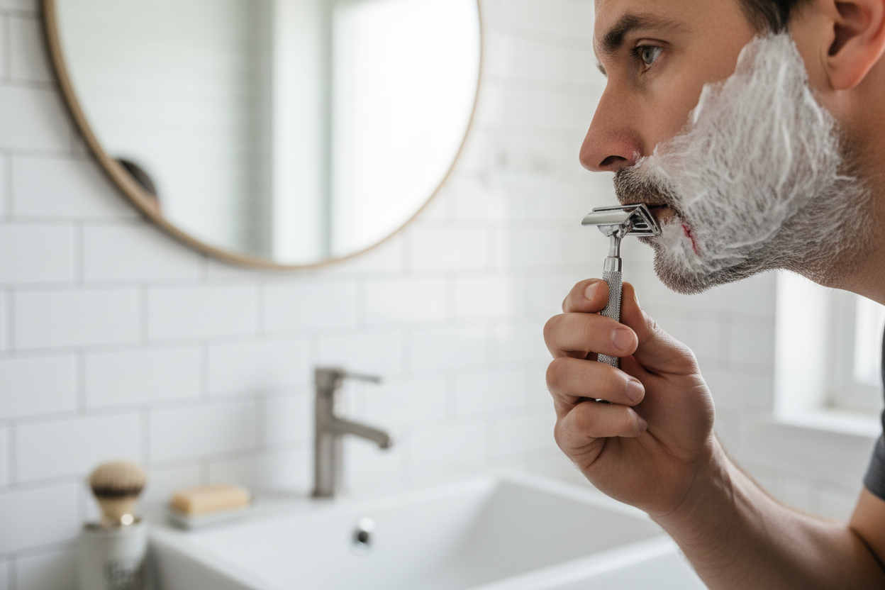 ein man der sich mit einem rasierhobel rasiert