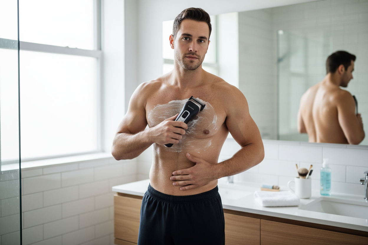 ein mann der sich die brust rasiert
