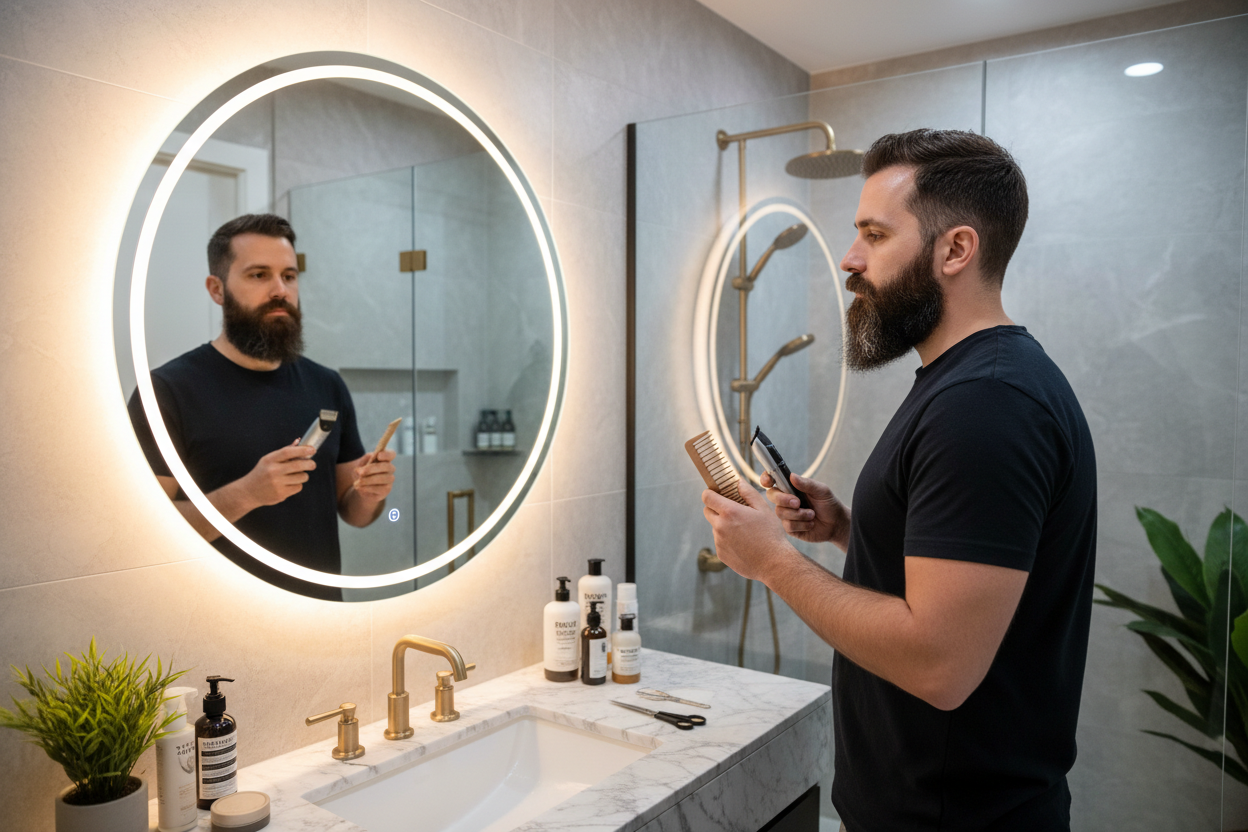 ein mann der sich seinen bart im bad pfelgt