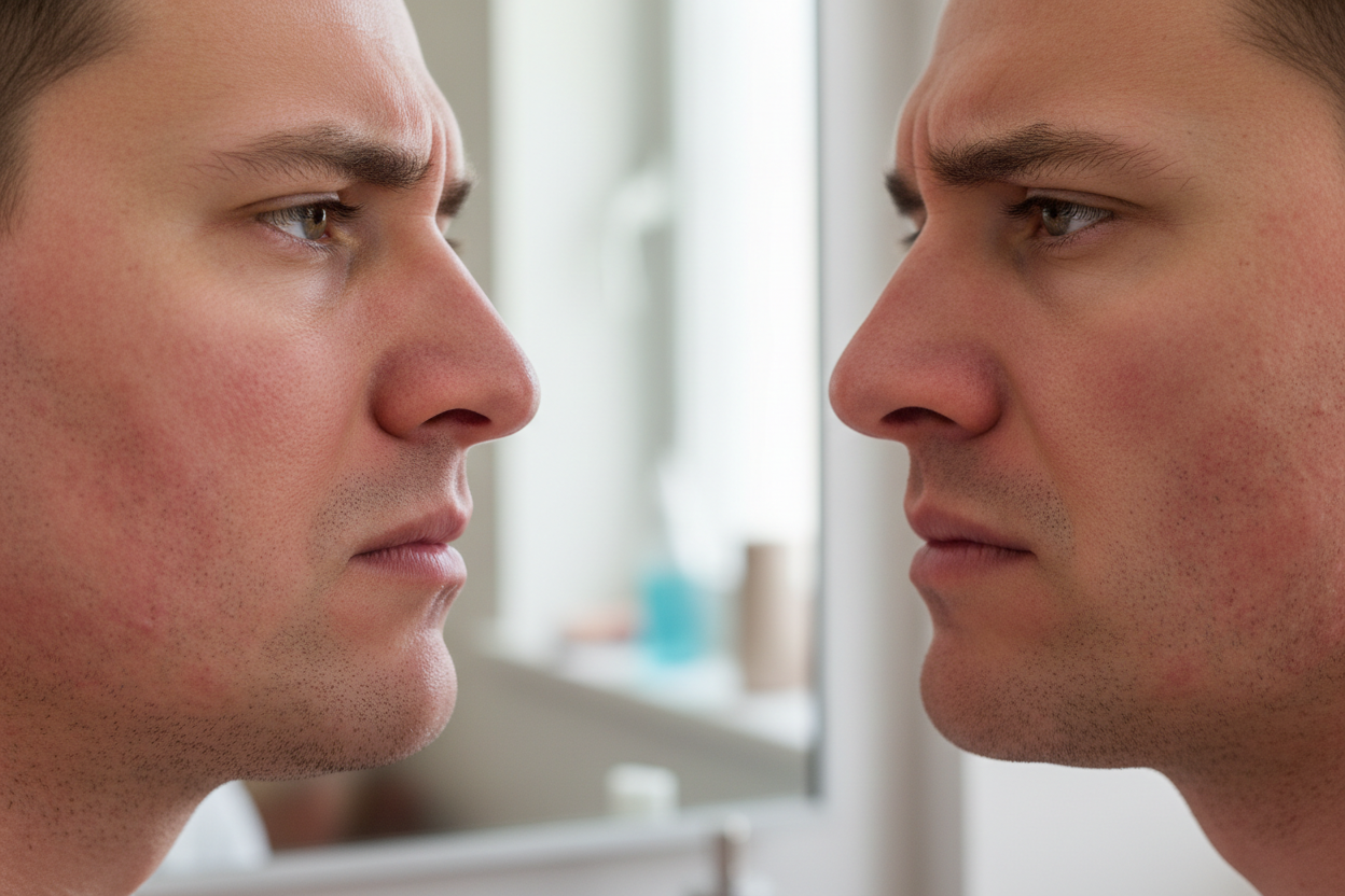 ein mann hat rote punkte nach der rasur im gsicht