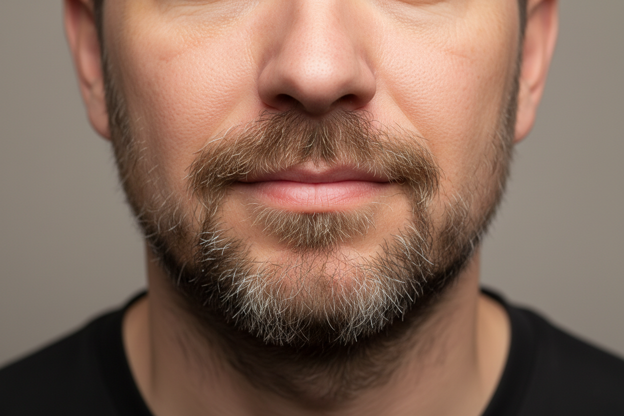 ein mann mit luecken im bart