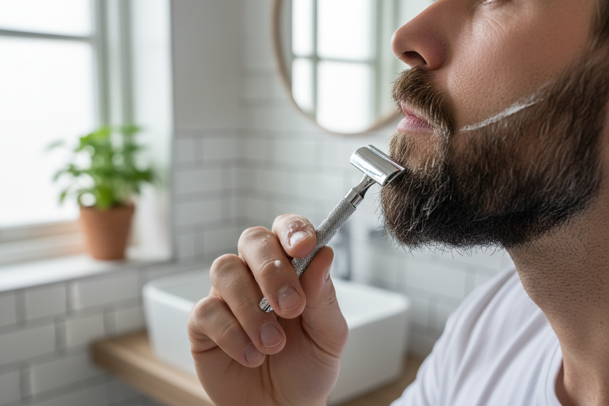ein mann rasiert sich seine Konturen mit einem rasierhobel